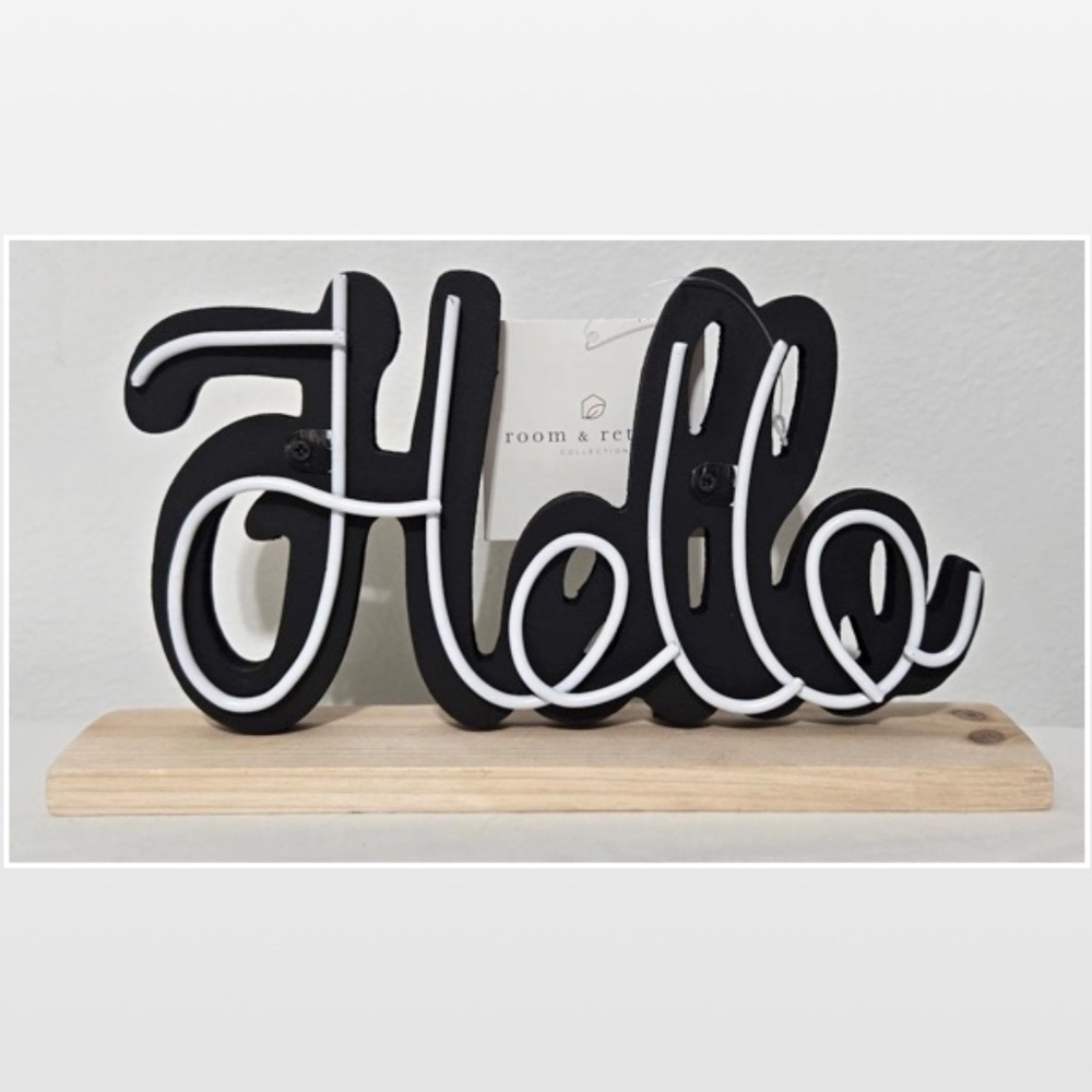 New Room & Retreat Sign Word Art Hello Home Black White Décor Sitter Wood NWT